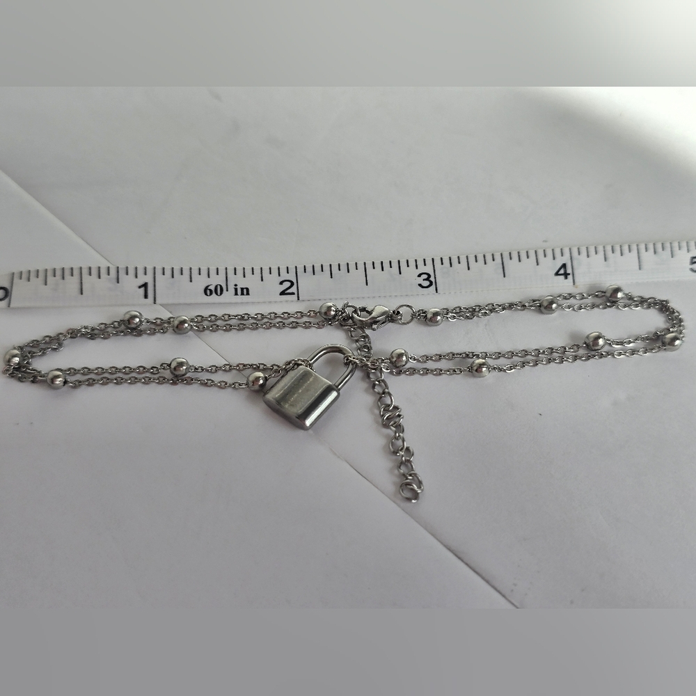 Double-Layer Silver Padlock Necklace - Picture 7 of 10